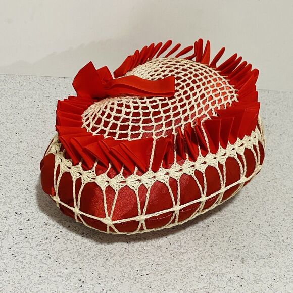 Vintage Heart Shaped Toss Pillow Red Satin Ribbons & White Crochet Caged Romance - Picture 3 of 8